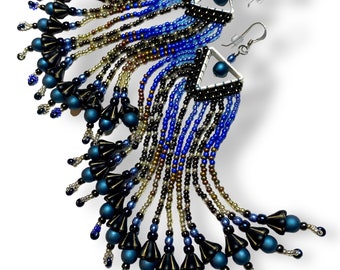 Beaded Blue, Silver and Brown Fringe Earrings with Czech crystal and pressed Czech glass - Handbeaded by Hannah Rosner Designs