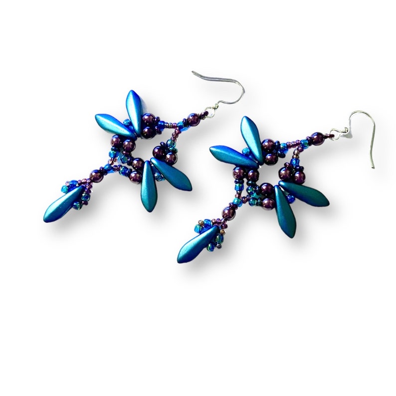 Full KIT & TUTORIAL Dragonfly Inspired Earrings by Hannah Rosner Designs. Seed beads and Czech glass. Beginner DIY project. Teal/Zircon & Violet
