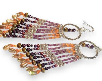 Sunset Earrings - Seed Beaded Orange, Purple and Offwhite Fringe Earrings - Extra Long Shoulder Dusters by Hannah Rosner Designs