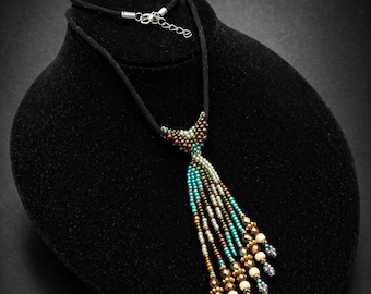 Seed beaded pendant with Japanese Toho Beads and Czech beads by Hannah Rosner Designs