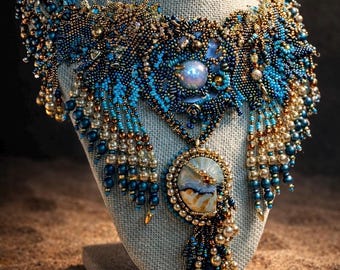 Tidal Oasis: Statement Necklace by Kim Tamarin and Hannah Rosner.  Toho Challenge piece. Seed beads, Czech Glass, Pearl Fringe