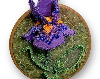 NEW Beading Tutorial/Pattern -  Bearded Iris - Seed Bead, Goldwork and  Embroidery Painting, Ornament or Pendant - Hannah Rosner Designs