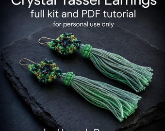 Crystal Tassel Earrings Beading Pattern and Kit Right Angle Weave, Peyote Stitch & Fiber Beaded intermediate tutorial instructions - Hannah