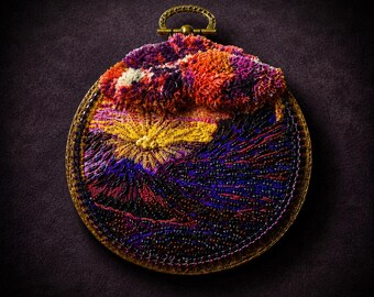 After the Storm in The High Desert. Seed Bead Embroidery Art. Desert Mountain Sunset Wall Hanging by Hannah Rosner Designs