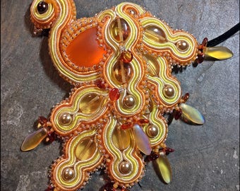 Bead Pattern Peacock's Pride Soutache Beaded Barrette or Necklace tutorial instructions - peyote stitch & embroidery beading - intermediate