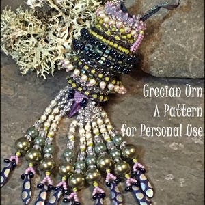 Bead Tutorial Grecian Urn Beaded Pendant w/ rotating ring peyote & herringbone advanced stitch pattern instructions by Hannah Rosner Designs