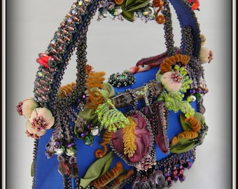 The Royal Gardens - Blue Silk Opera Bag or Clutch Purse with Bead Embroidery and Lampwork by Hannah Rosner