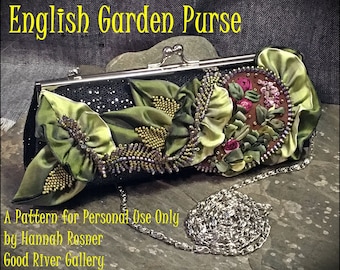 Fiber and Bead Pattern - English Garden Purse tutorial instructions - peyote stitch & embroidery beading - Wired and Silk Ribbon - Hannah