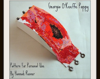 Georgia O'Keeffe Poppy Pattern Beaded Bracelet intermediate level peyote stitch tutorial instructions by Hannah Rosner Designs