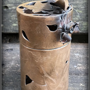 Hannah Rosner Lidded Brass and Sterling Box OOAK Leaf and Bird Motif Etched Metal Vessel with lid image 1