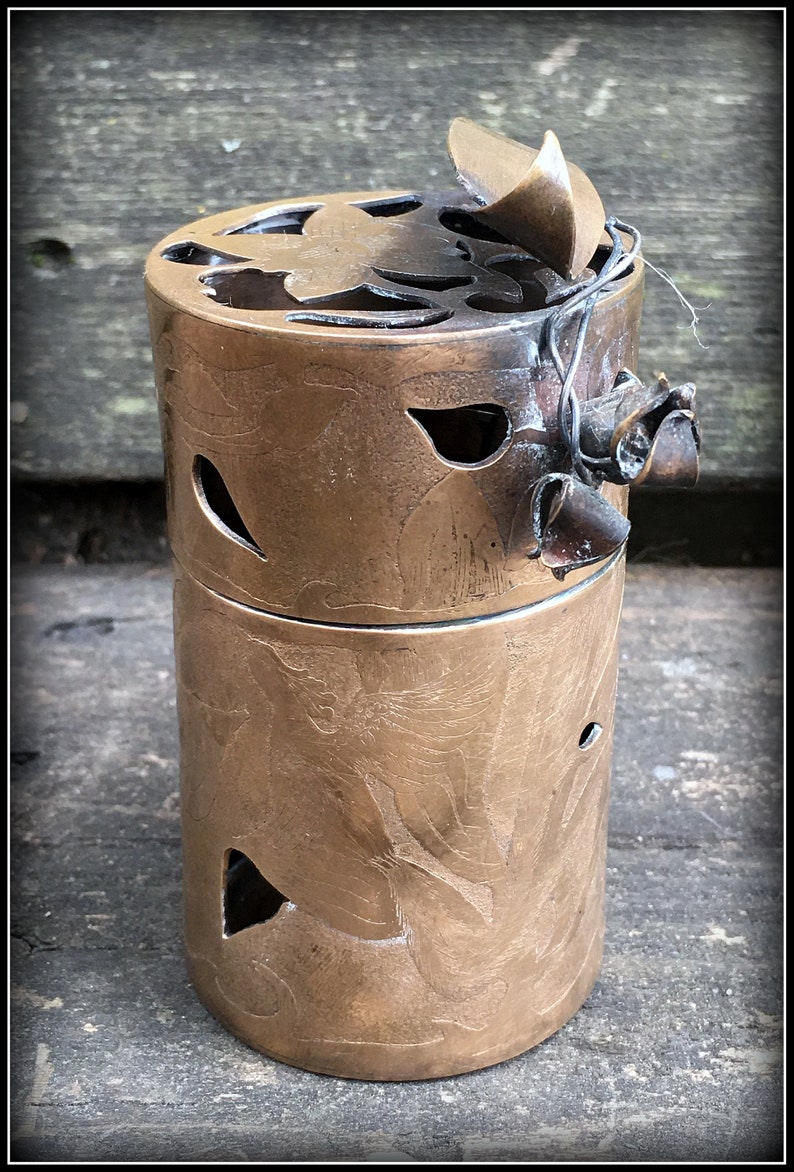 Hannah Rosner Lidded Brass and Sterling Box OOAK Leaf and Bird Motif Etched Metal Vessel with lid image 1