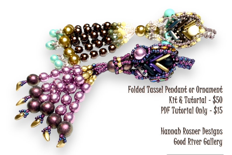 Bead Tutorial Folded Tassel Pendant or Ornament Netted and Right Angle Weave intermediate/advanced beading Hannah Rosner instructions image 1