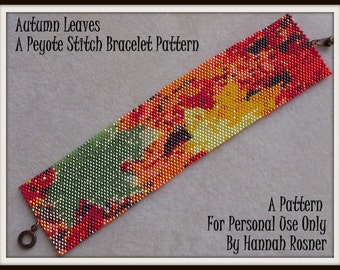 Bead Pattern Autumn Fall Leaves Bracelet - Peyote Stitch or Loomwork intermediate level TUTORIAL INSTRUCTIONS - Hannah Rosner Designs