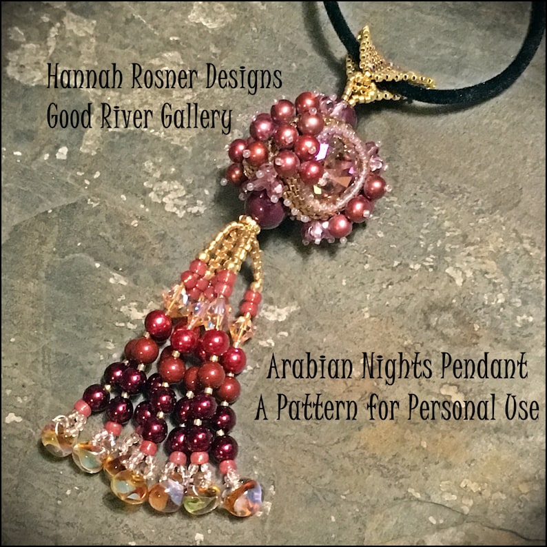 May include: A beaded pendant with a tassel, featuring a mix of red, gold, and clear beads. The pendant is labeled "Arabian Nights Pendant" and "A Pattern for Personal Use".