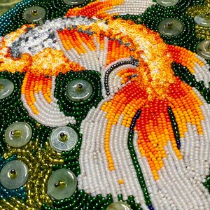 Koi, carp or goldfish Embroidery & Seed Bead Painting wall hanging Hannah Rosner Designs image 2