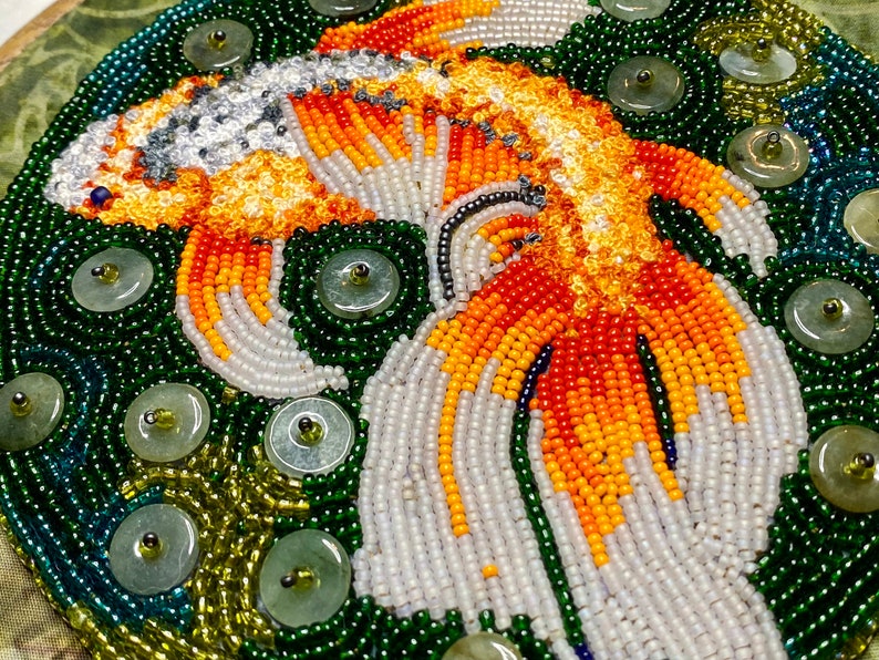 Koi, carp or goldfish Embroidery & Seed Bead Painting wall hanging Hannah Rosner Designs image 2