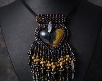 Tiger Iron Beaded Pendant Necklace | TOHO Seed Bead Embroidery | Czech Glass Butterfly Beads & Fringe by Hannah Rosner