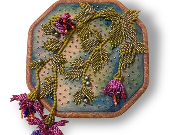 Pink & Purple Fuchsia flower - 3d Seed Bead Painting - wall hanging - Hannah Rosner Designs