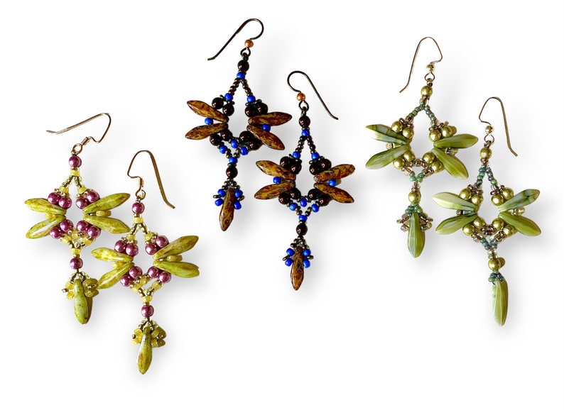 Full KIT & TUTORIAL Dragonfly Inspired Earrings by Hannah Rosner Designs. Seed beads and Czech glass. Beginner DIY project. image 1