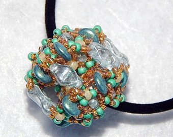 Seed beaded pendant with crystals and Czech pressed glass beads by Hannah Rosner Designs - bead woven - Good River Gallery
