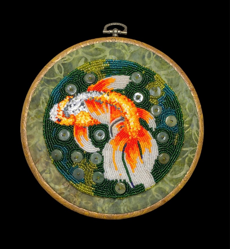 Koi, carp or goldfish Embroidery & Seed Bead Painting wall hanging Hannah Rosner Designs image 4