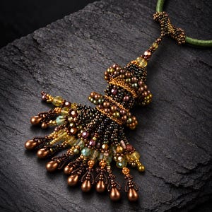 Può includere: Un ciondolo di perline a forma di lanterna giapponese, caratterizzato da perline color bronzo, oro e marrone scuro con cristalli sfaccettati e perline a goccia. Il testo recita: Japanese Lantern Pendant, PDF Tutorial, For Personal Use Only, By Hannah Rosner.