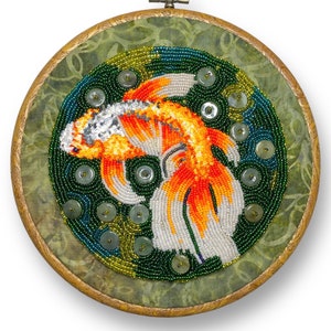 Koi, carp or goldfish Embroidery & Seed Bead Painting wall hanging Hannah Rosner Designs image 1