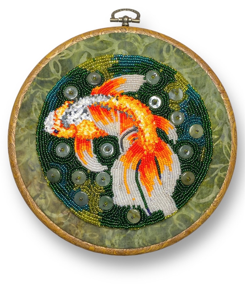 Koi, carp or goldfish Embroidery & Seed Bead Painting wall hanging Hannah Rosner Designs image 1