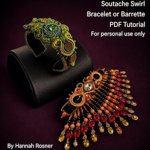 May include: A detailed image showcases two handcrafted soutache jewelry pieces. One is a green and gold bracelet with a central gem. The other is a barrette in shades of orange, red, and yellow. Text reads "Soutache Swirl Bracelet or Barrette PDF Tutorial".