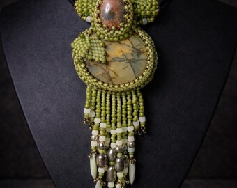 Fossil Coral & Picasso Jasper Beaded Necklace | Green TOHO Seed Bead Embroidery Pendant with Fringe | by Hannah Rosner