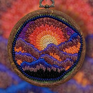 Mountain Sunset Scene Seed Bead & Thread Painting wall hanging Hannah Rosner Designs image 2