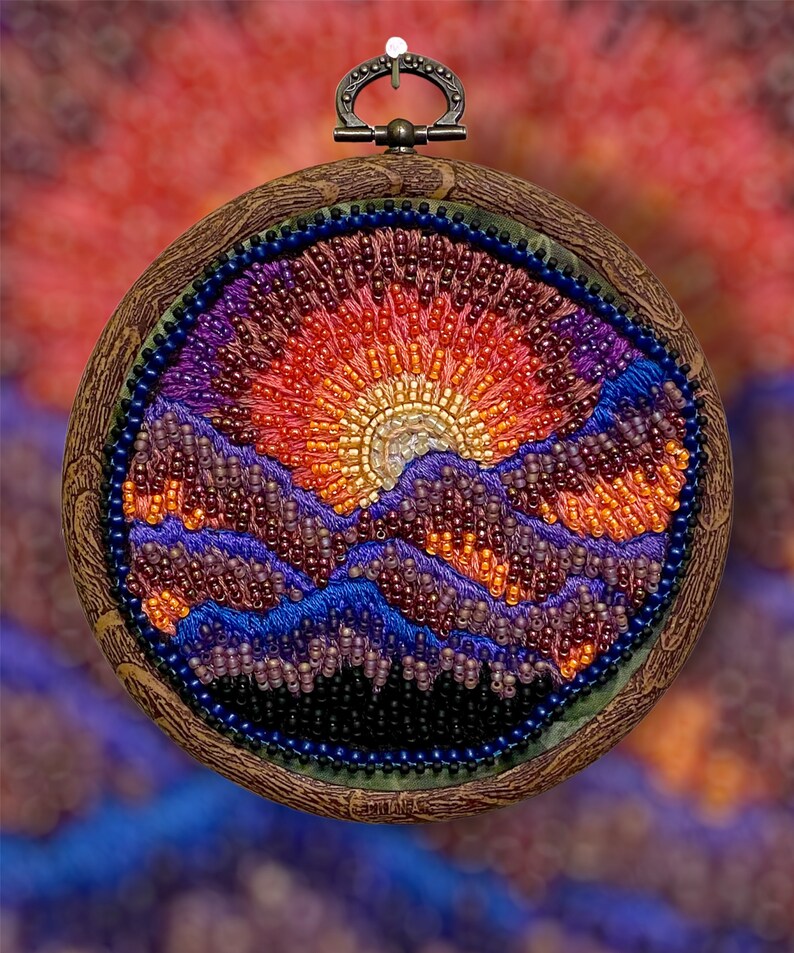 Mountain Sunset Scene Seed Bead & Thread Painting wall hanging Hannah Rosner Designs image 2