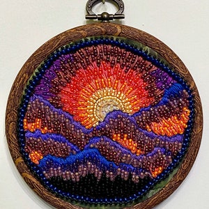 Mountain Sunset Scene Seed Bead & Thread Painting wall hanging Hannah Rosner Designs image 1