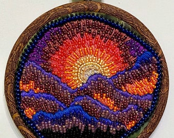 Mountain Sunset Scene - Seed Bead & Thread Painting - wall hanging - Hannah Rosner Designs