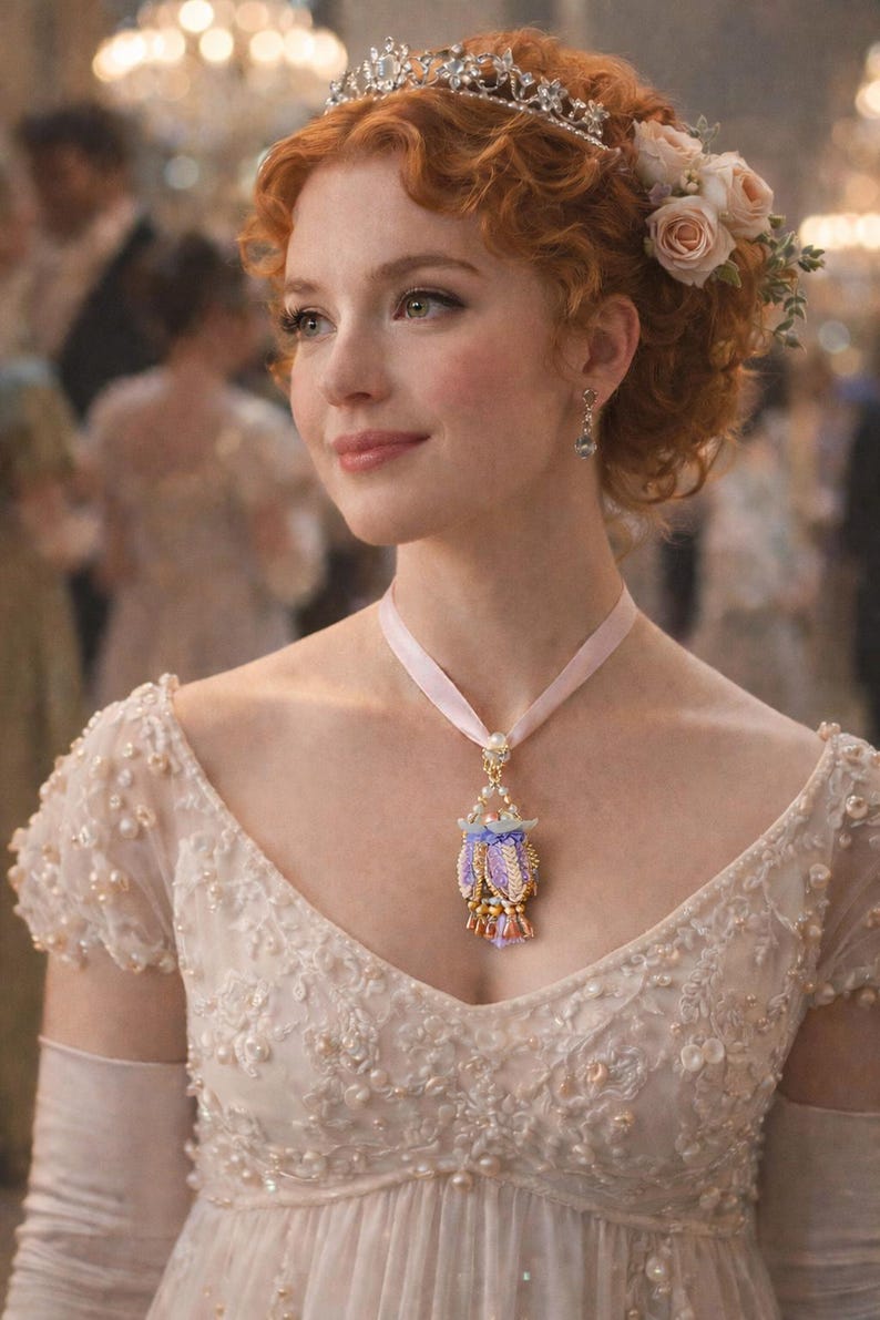 May include: A woman in an elegant white gown, adorned with pearls and a decorative necklace. She wears a tiara and flowers in her hair. The background is blurred, suggesting a formal event or ball.