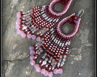 Pink Bouquet Earrings Seed Beaded Pink & Red Crystal Fringe Earrings Extra Long Shoulder Dusters by Hannah Rosner Designs