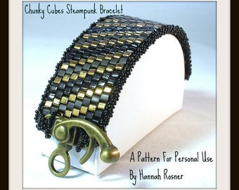 Bead Pattern Chunky Cubes Steampunk Beaded Bracelet - peyote stitch tutorial or instructions by Hannah Rosner