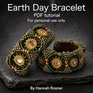 May include: Two beaded bracelets with a dark green and gold color scheme, featuring circular designs with a central gem. The bracelets are displayed on a dark, textured surface. Text on the image reads "Earth Day Bracelet" and "PDF tutorial".