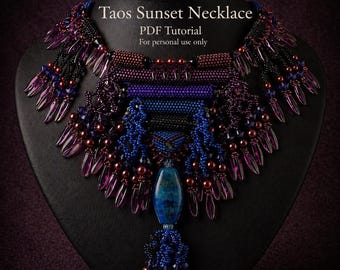Beading instructions Taos Sunset Necklace peyote stitch intermediate level tutorial pattern with fringe by Hannah Rosner Designs
