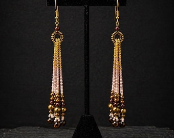 Beaded Fringe Earrings with pressed Czech glass - Handbeaded by Hannah Rosner Designs