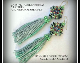 Crystal Tassel Earrings Beading Pattern -  Right Angle Weave, Peyote Stitch & Fiber Beaded intermediate tutorial instructions - Hannah