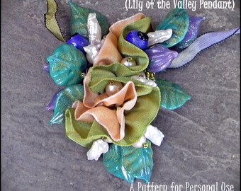 Bead Pattern - English Garden Pendant - Lily of The Valley beaded corsage pendant - bead embroidery & wired ribbon tutorial - Hannah Rosner