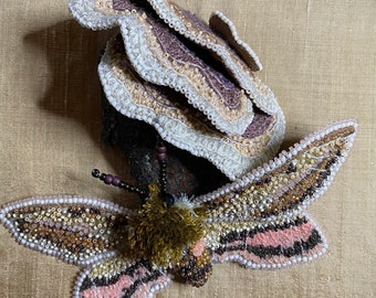 Turkey Tail Mushroom & Hawkmoth: 3D Seed Bead Embroidery Art