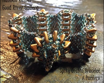 Bead Tutorial Spiky Sea Urchin Beaded Bracelet odd-count peyote stitch pattern instructions by Hannah Rosner Designs - uses 2-hole triangles
