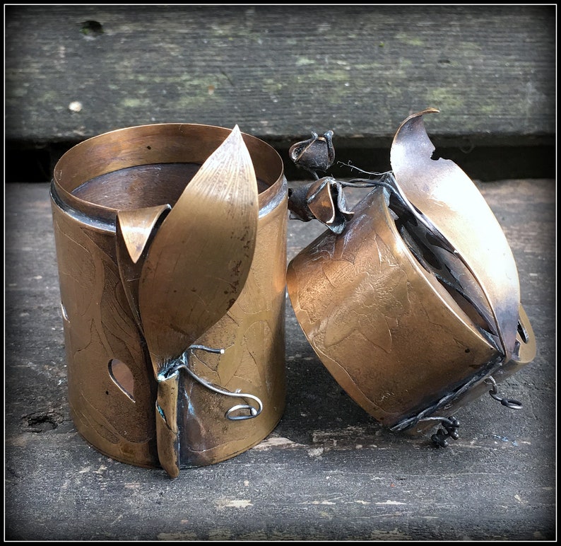 Hannah Rosner Lidded Brass and Sterling Box OOAK Leaf and Bird Motif Etched Metal Vessel with lid image 3