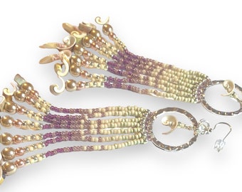 Shell Earrings - Seed Beaded Pink, Purple and Offwhite Fringe Earrings - Extra Long Shoulder Dusters by Hannah Rosner Designs