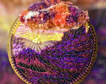 Desert Mountain Sunset Scene - Seed Bead & Thread Painting - wall hanging - Hannah Rosner Designs