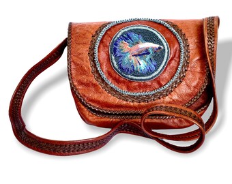 Beaded Siamese Fighting Fish Betta Glass Seed Bead Painting on Chestnut Brown Elkhide Leather Purse by Hannah Rosner Designs