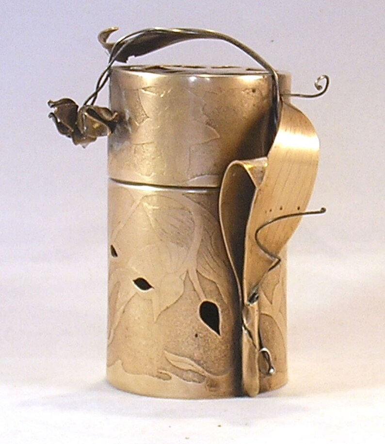 Hannah Rosner Lidded Brass and Sterling Box OOAK Leaf and Bird Motif Etched Metal Vessel with lid image 7