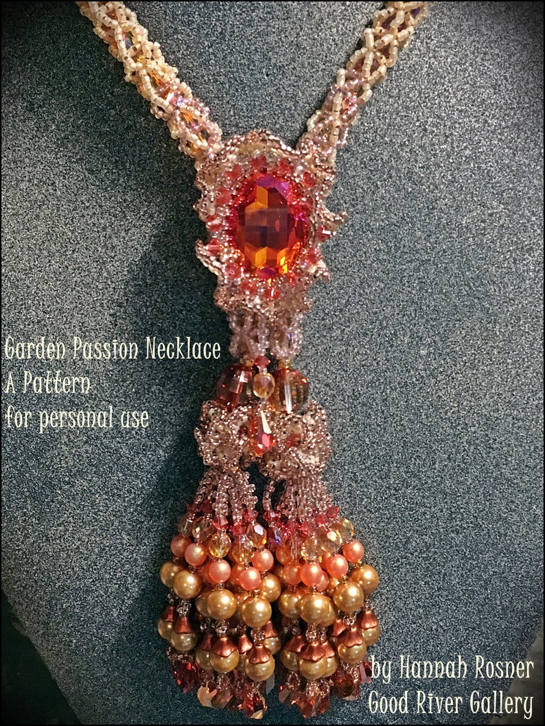 May include: A handmade necklace with a large, orange-red gemstone pendant. The necklace features intricate beadwork in shades of gold, peach, and red. The text "Garden Passion Necklace" and "A Pattern for personal use" is visible.